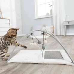 Kratzbretter|Katzenspielzeug>Futterfreund Junior Kratzmatte mit Spielbogen, 60x33x42cm, grau/lichtgrau