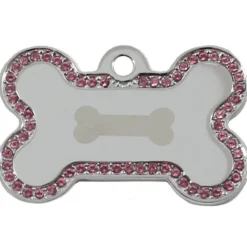 Adressanhänger|Adressanhänger Gravur>Futterfreund Knochen Groß Chrom Steine Pink Motiv Knochen