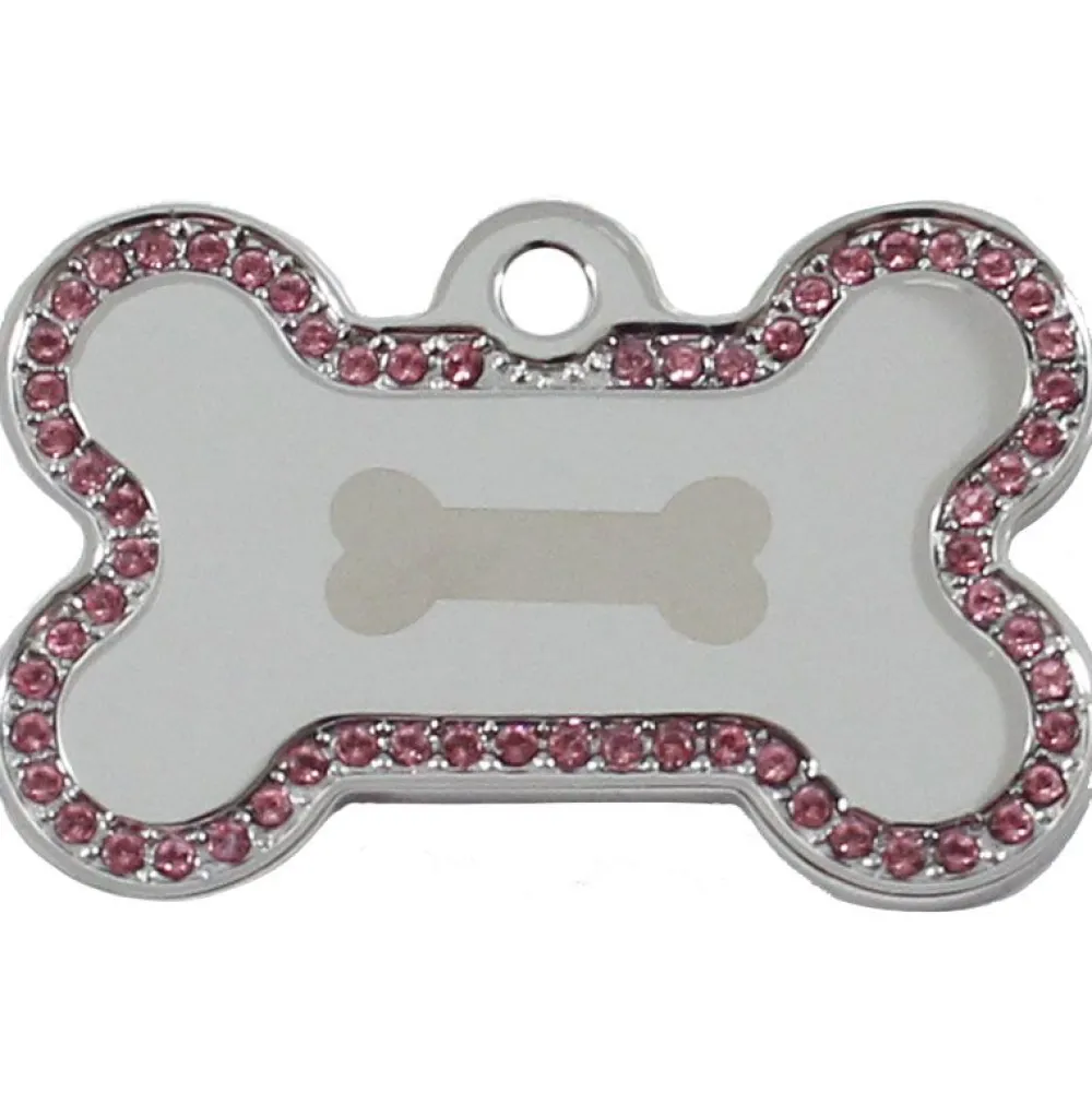 Adressanhänger|Adressanhänger Gravur>Futterfreund Knochen Groß Chrom Steine Pink Motiv Knochen